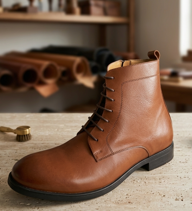 Classic Leather Lace-Up Ankle Boot – Tan Brown
