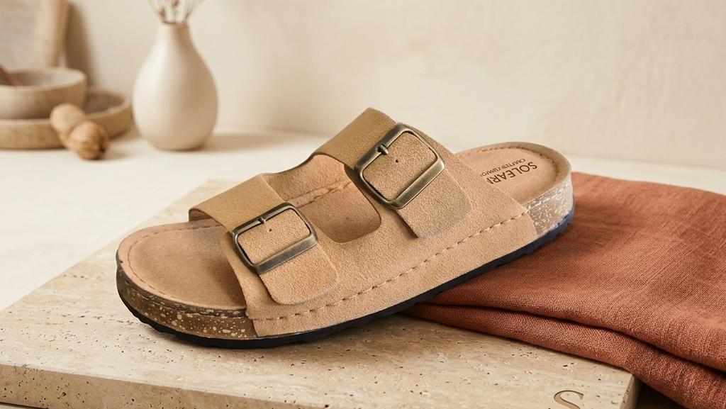 Unisex Tan Suede Double-Buckle Cork Footbed Sandals