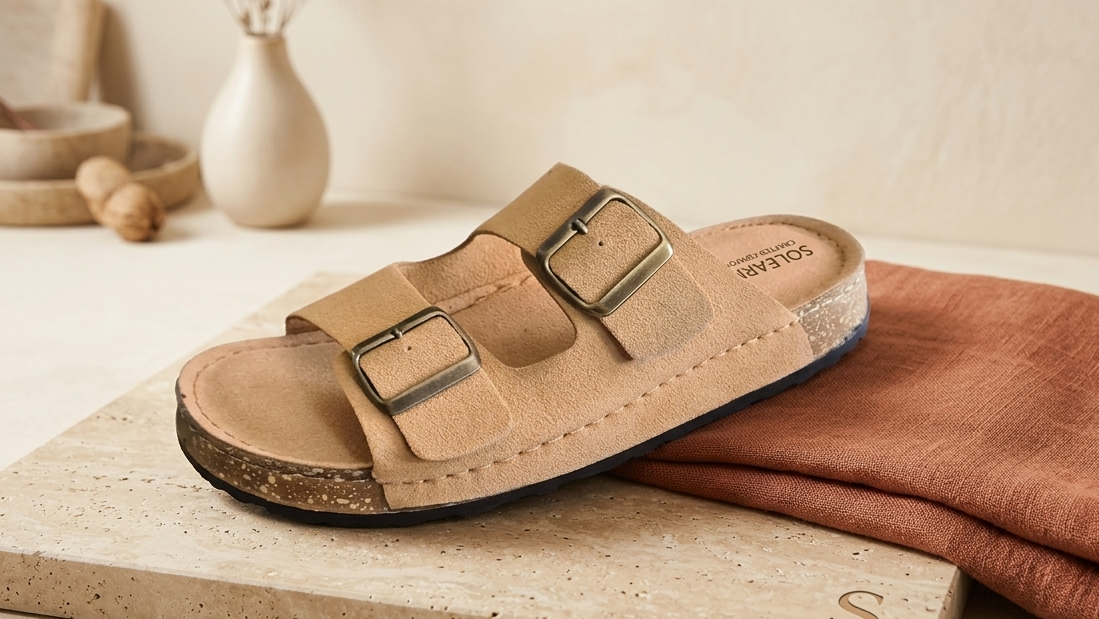 Unisex Tan Suede Double-Buckle Cork Footbed Sandals