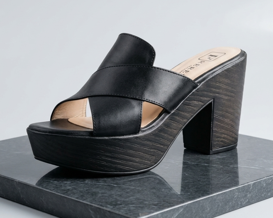 Women's Asymmetric Cross-Strap Dark Wood Platform Block Heel Mules