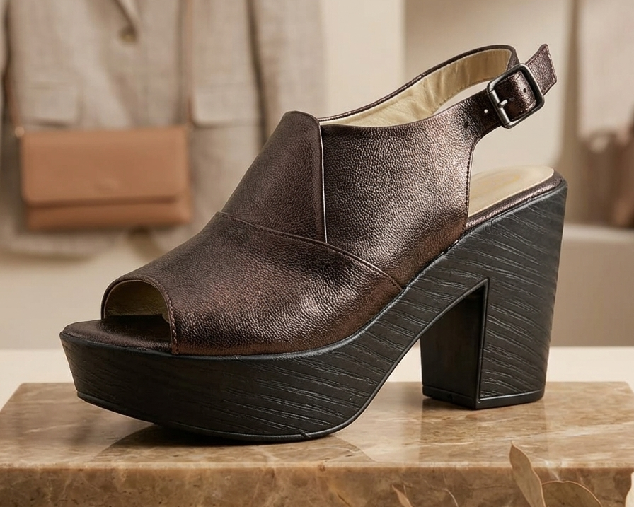 Women's Metallic Peep-Toe Platform Block Heel Slingback Sandals