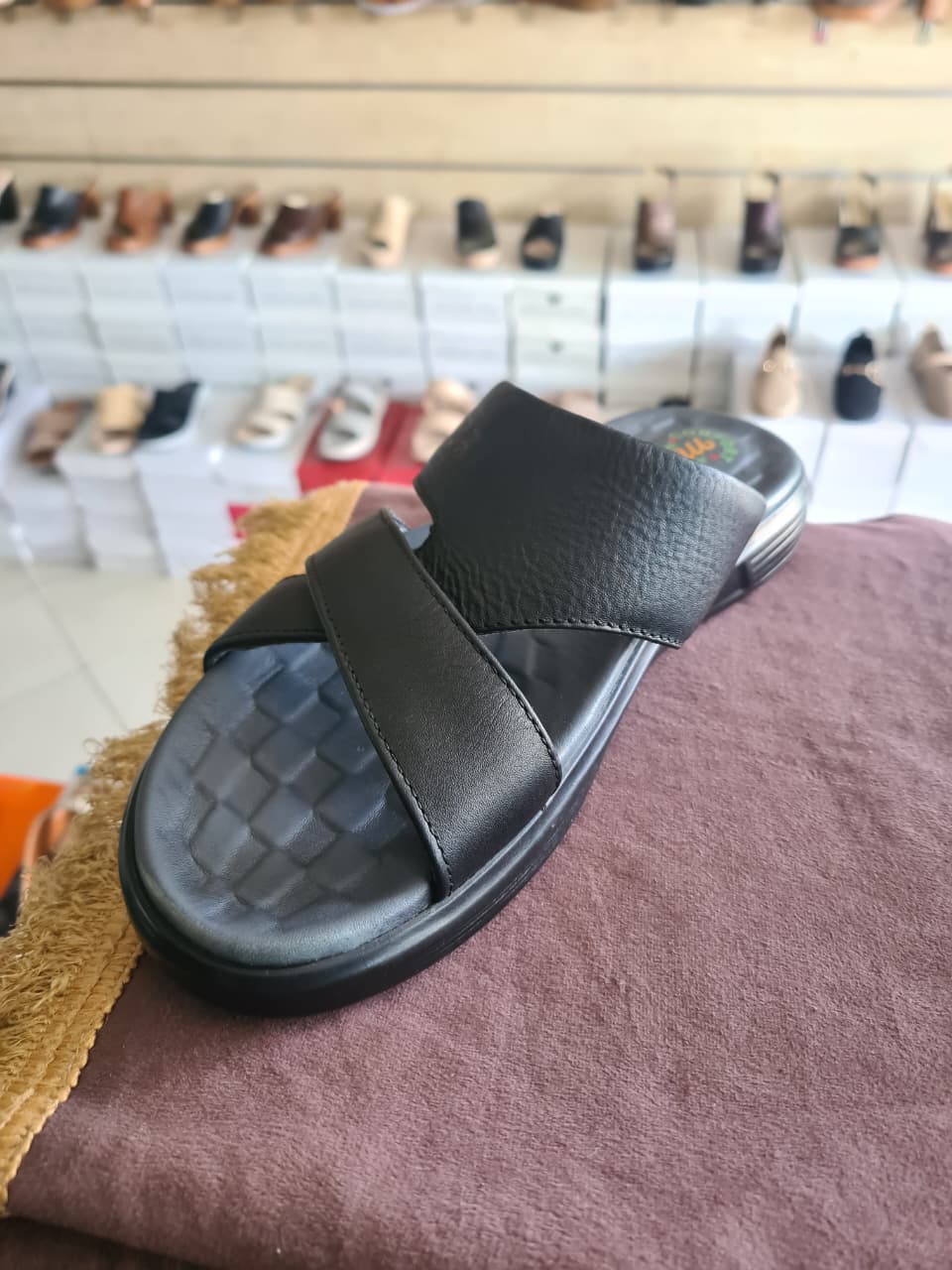 Men's Premium Black Leather Cross-Strap Comfort Slide Sandals