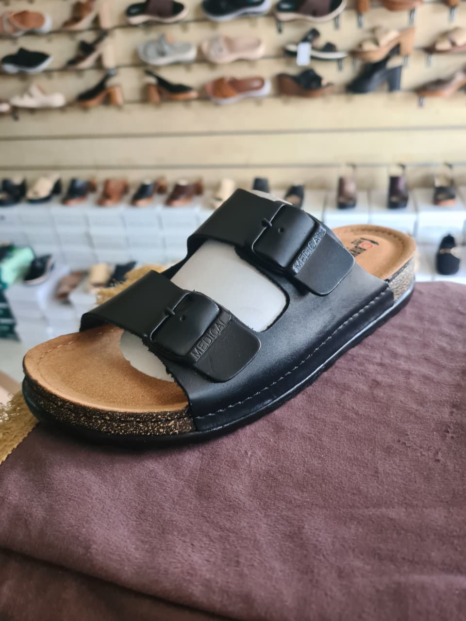 Unisex Tan Suede Double-Buckle Cork Footbed Sandals
