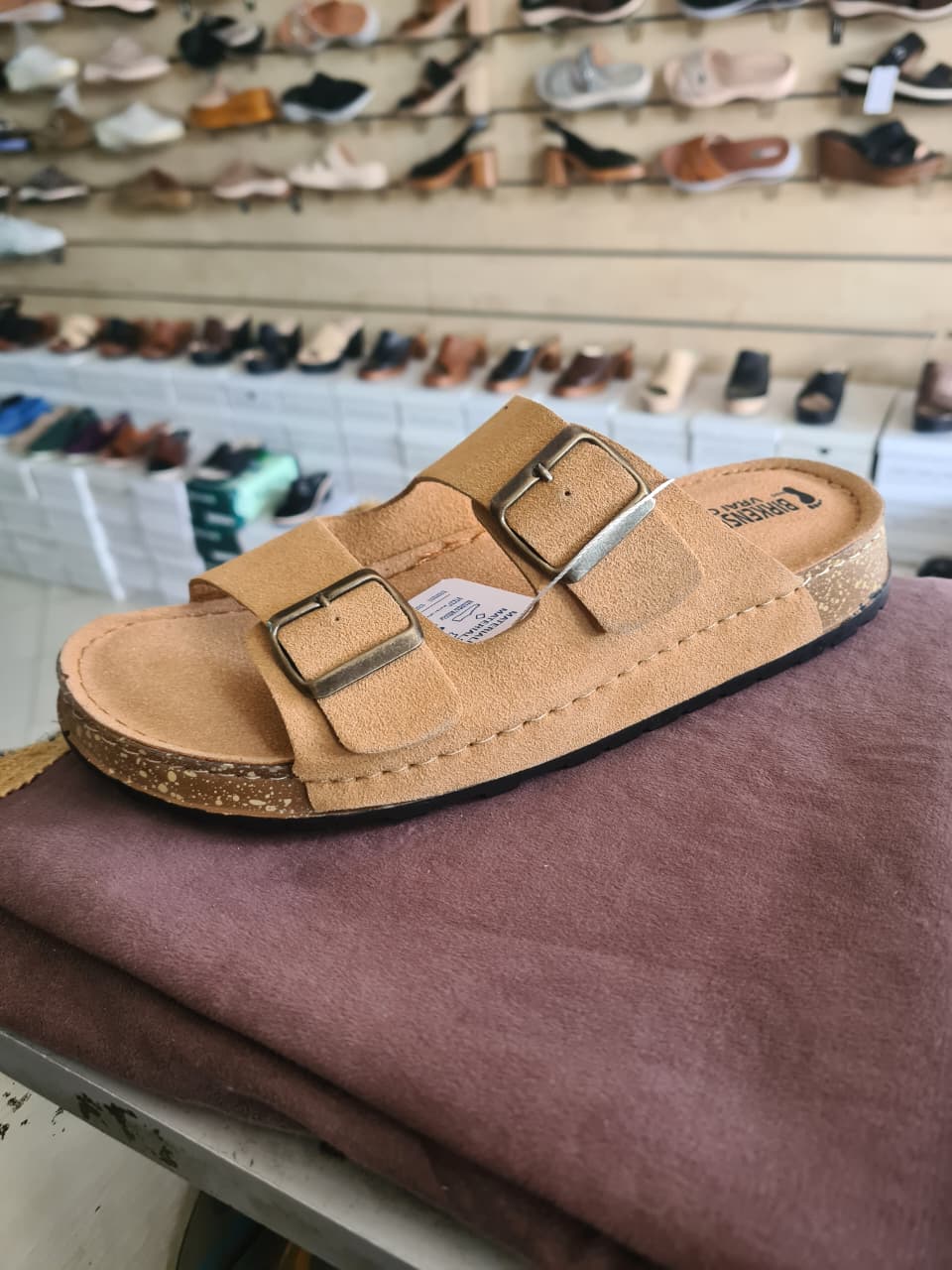 Unisex Tan Suede Double-Buckle Cork Footbed Sandals
