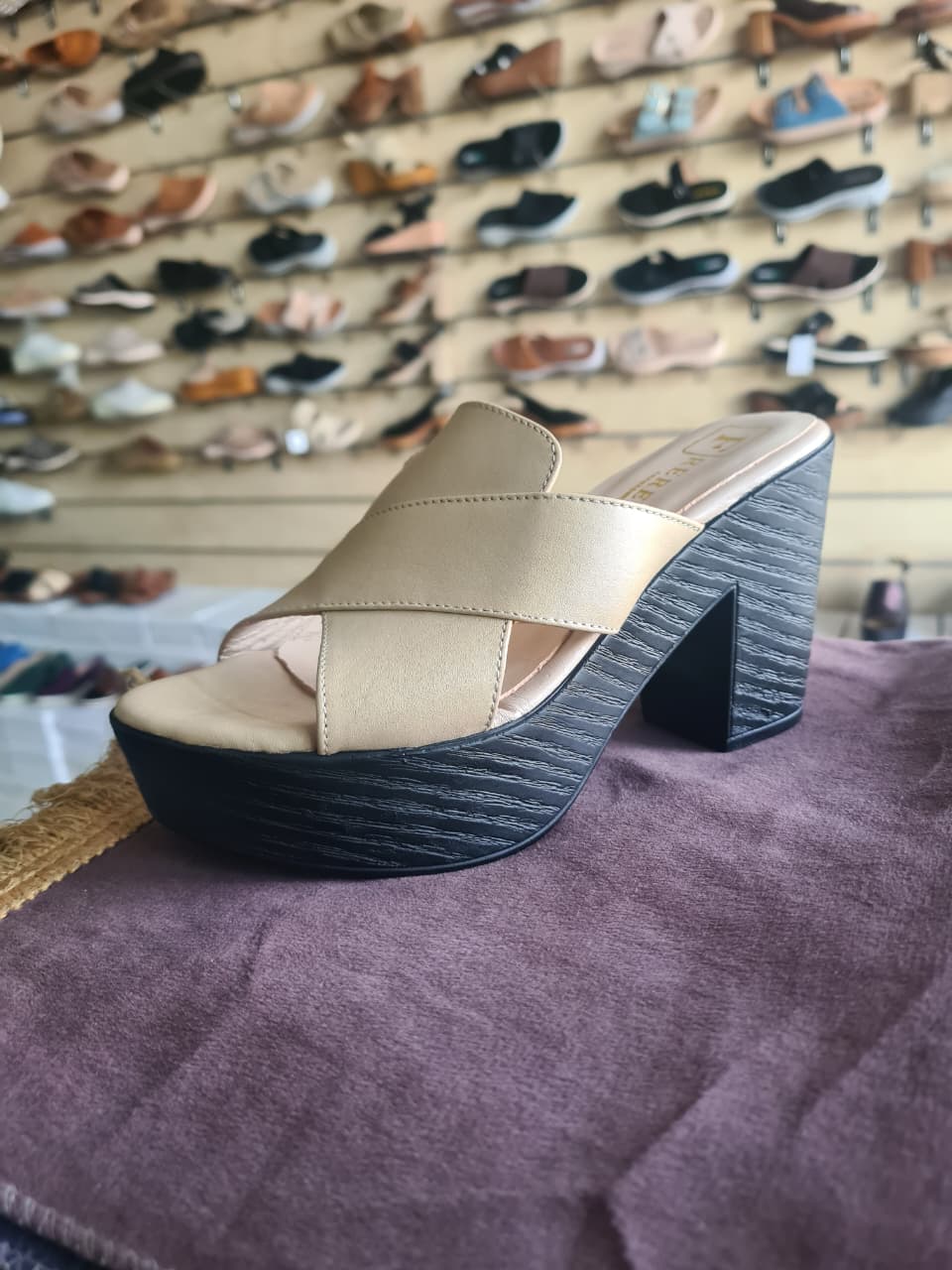 Women's Asymmetric Cross-Strap Dark Wood Platform Block Heel Mules