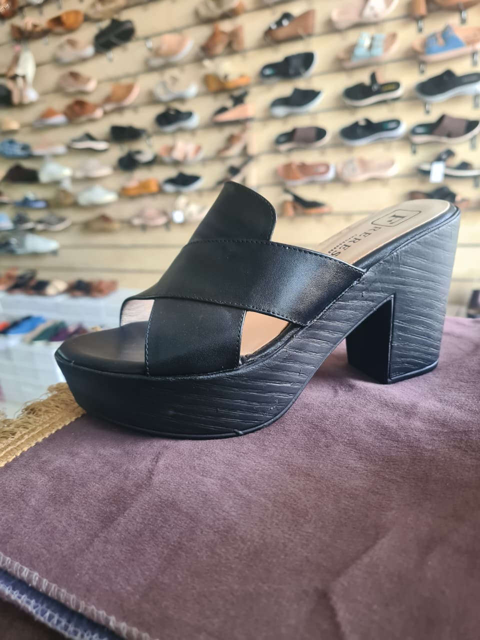 Women's Asymmetric Cross-Strap Dark Wood Platform Block Heel Mules