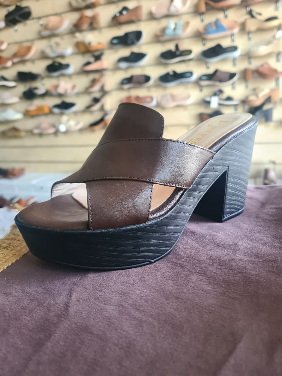 Women's Asymmetric Cross-Strap Dark Wood Platform Block Heel Mules