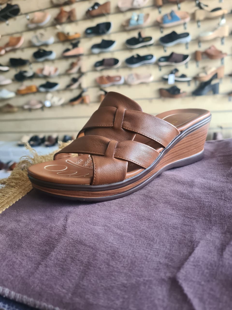 Women's Cognac Interlocking Strap Comfort Wedge Sandals