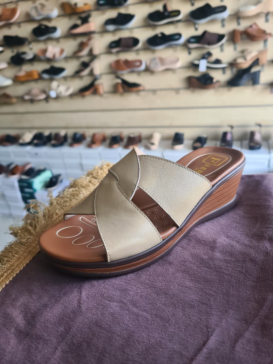 Women's Beige Interlocking Strap Comfort Wedge Sandals